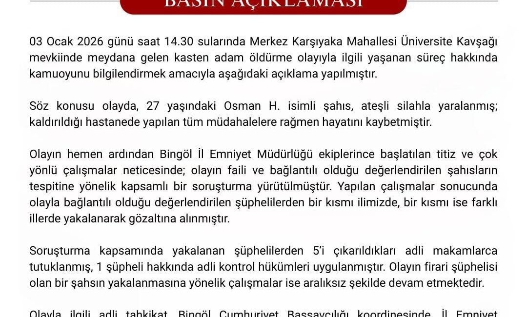 Bingöl ilinde meydana gelen cinayet olayında bir kişinin hayatını kaybetmesinin