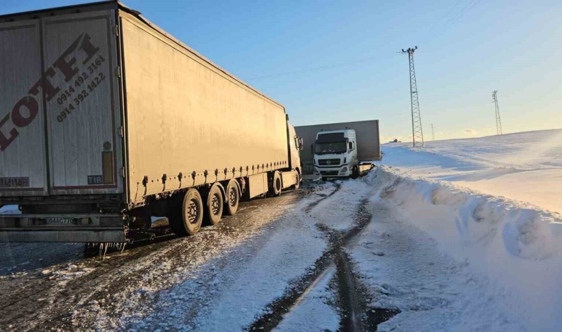 Adilcevaz ilçesinde etkili olan soğuk hava nedeniyle buzlanan yolda kayarak