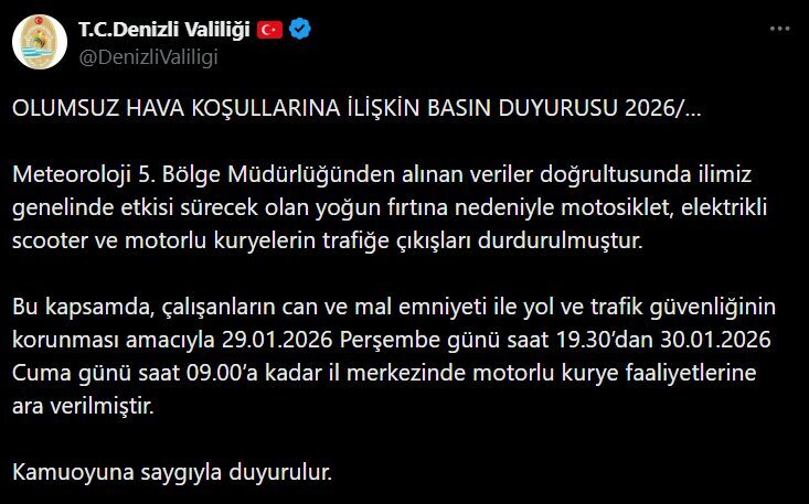Denizli Valiliği, Meteoroloji verilerine dayanarak il genelinde etkisini devam ettirecek
