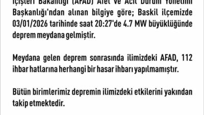 Elazığ Valiliği, Baskil ilçesinde meydana gelen 4.7 büyüklüğündeki deprem sonrasında