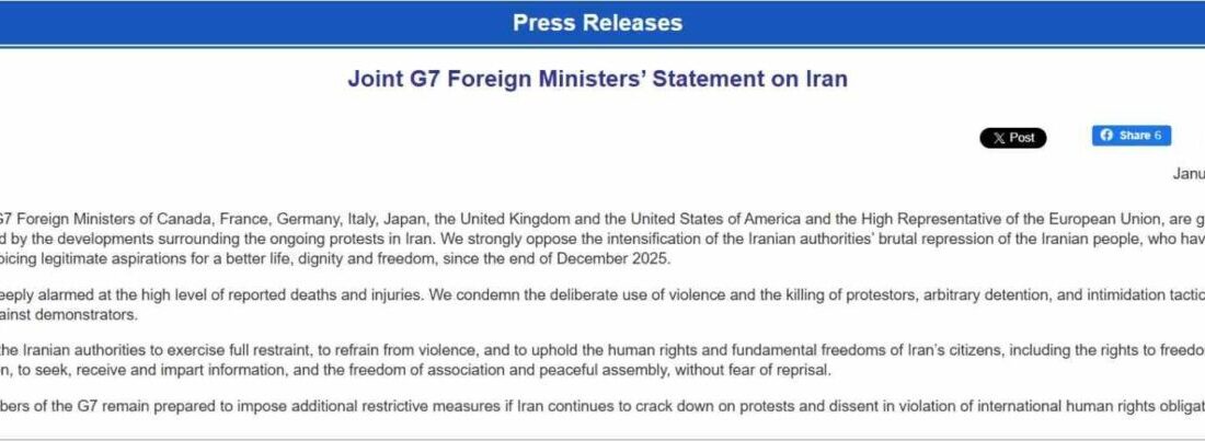G7 Dışişleri Bakanları, İran’ın protestoculara şiddet uygulamasını kınayarak, “G7 üyesi