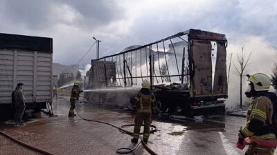 Bursa’nın İnegöl ilçesinde park halindeki bir tır dorsesinde başlayan yangın,