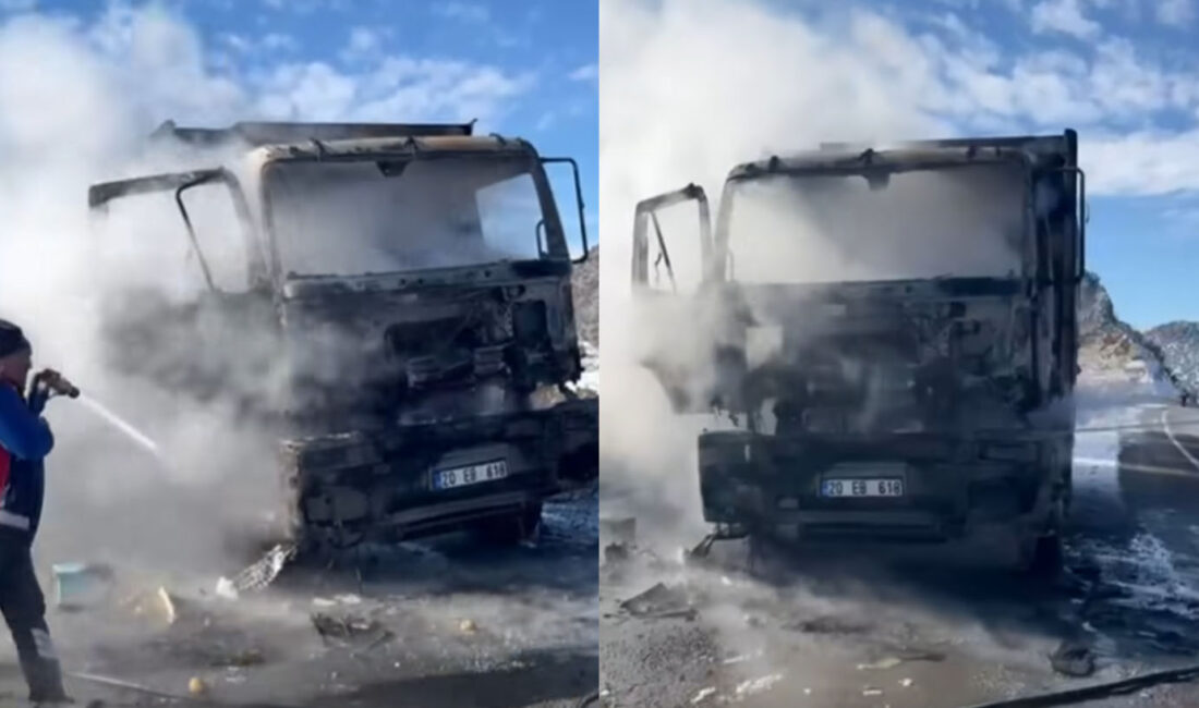 Yozgat’ta seyir halindeki boş bir kamyon motor kısmından yükselen alevlerle