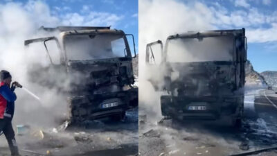 Yozgat’ta seyir halindeki boş bir kamyon motor kısmından yükselen alevlerle