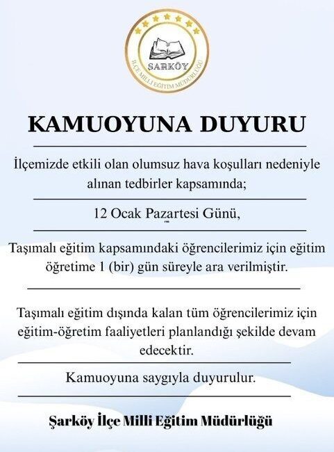 Şarköy ilçesindeki kötü hava koşulları nedeniyle, taşımalı eğitimde olan öğrenciler
