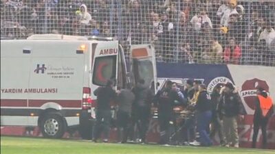 Fethiye ilçesinde oynanan Galatasaray-Fethiyespor maçı öncesi bir taraftar tribünden düştü