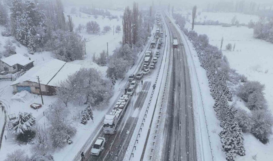 Uşak’ta kar yağışının etkisiyle Uşak-Ankara karayolu Dumlupınar Rampaları bölgesinde yol