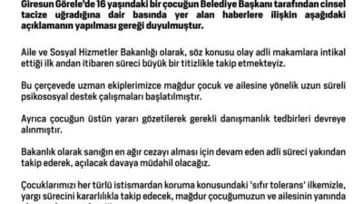 Aile ve Sosyal Hizmetler Bakanlığı, Görele ilçesinde cinsel istismara maruz