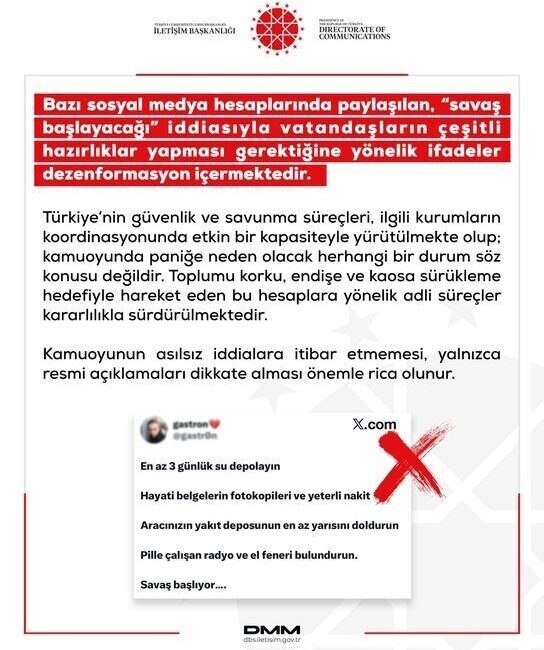 Dezenformasyonla Mücadele Merkezi (DMM), bazı sosyal medya platformlarında yayılan ve