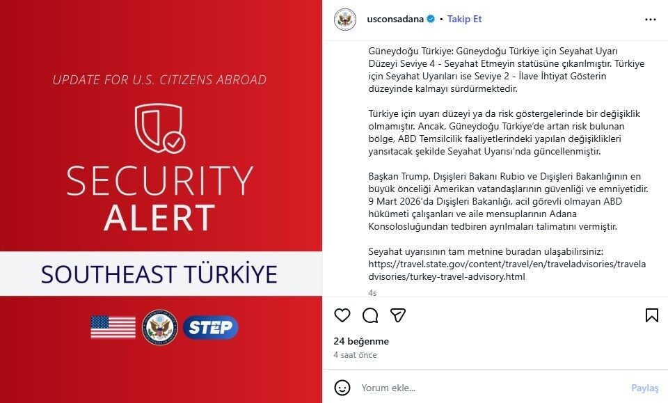 ABD Dışişleri Bakanlığı, Adana’daki ABD Konsolosluğu’nda görev yapan zorunlu olmayan