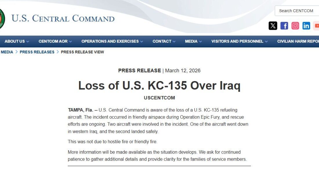 ABD Merkez Komutanlığı (CENTCOM), Irak’ta KC-135 tipi bir hava yakıt