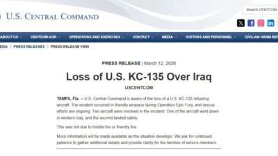 ABD Merkez Komutanlığı (CENTCOM), Irak’ta KC-135 tipi bir hava yakıt
