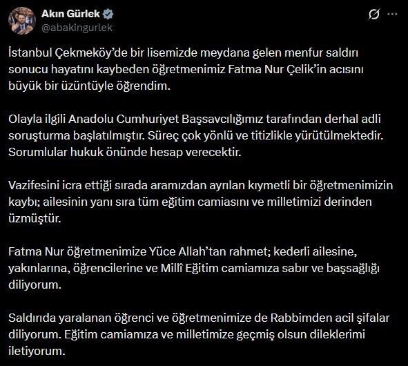 Adalet Bakanı Akın Gürlek, Çekmeköy ilçesindeki bir lisede meydana gelen