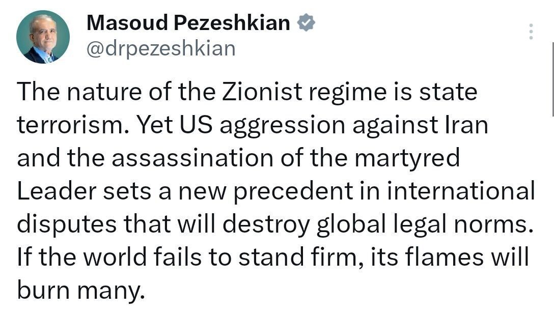 İran Cumhurbaşkanı Mesut Pezeşkiyan, İsrail’deki siyonist rejimin doğasının devlet terörizmi