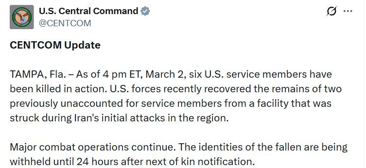 ABD Merkez Komutanlığı (CENTCOM), İran’a karşı başlatılan operasyon sırasında hayatını