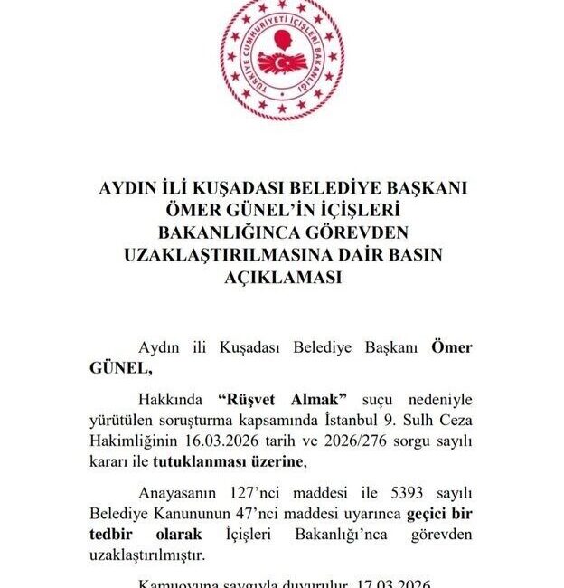 Aydın’ın Kuşadası ilçesine ait Belediye Başkanı Ömer Günel’in, ‘Rüşvet Almak’