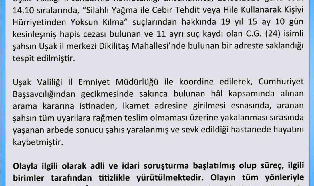 Uşak ilinde, 19 yıl 15 ay 10 gün kesinleşmiş hapis