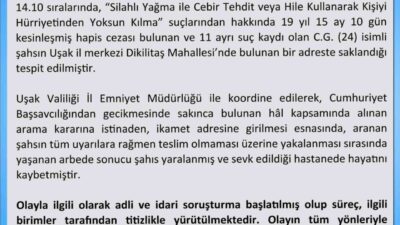Uşak ilinde, 19 yıl 15 ay 10 gün kesinleşmiş hapis