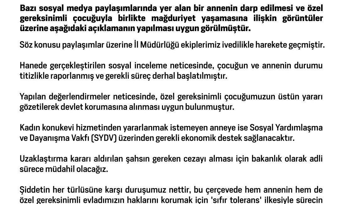 Aile ve Sosyal Hizmetler Bakanlığı, bir anne ile özel gereksinimli
