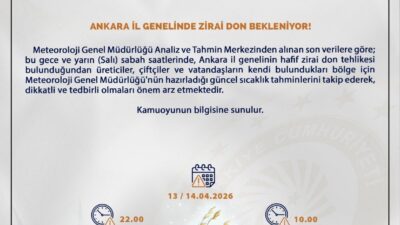 Ankara Valiliği, Meteoroloji verilerine dayanarak il genelinde zirai don uyarısında