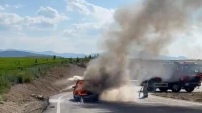 Ankara-Nallıhan karayolunda seyir halinde olan bir araç, meydana gelen yangın