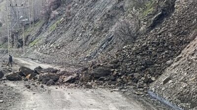 Bahçesaray ilçesinde, Günyyamaç Mahallesi yoluna düşen heyelan, yoğun yağışın etkisiyle