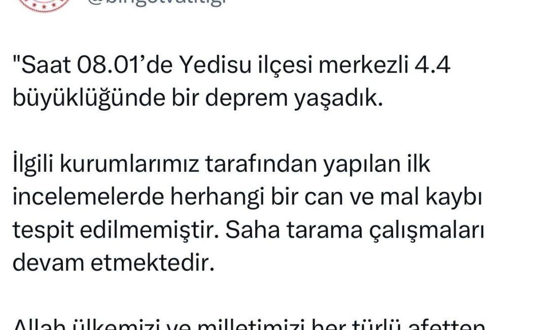 Bingöl Valiliği, Yedisu ilçesinde meydana gelen 4.4 büyüklüğündeki depremin ardından