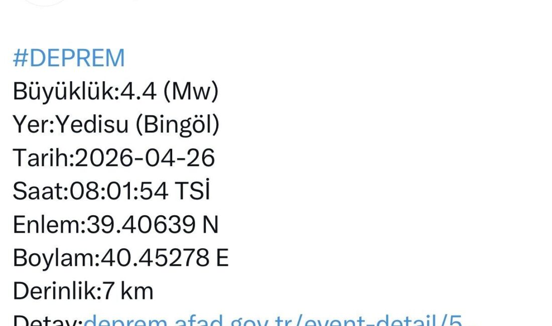Bingöl’ün Yedisu ilçesinde 4.4 büyüklüğünde bir deprem meydana geldi. Deprem