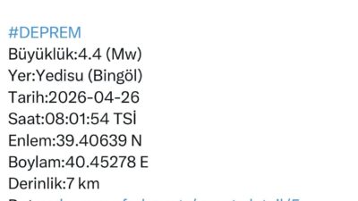 Bingöl’ün Yedisu ilçesinde 4.4 büyüklüğünde bir deprem meydana geldi. Deprem