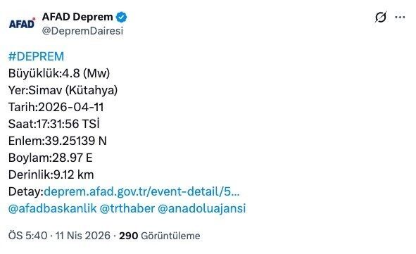 Kütahya’nın Simav ilçesinde meydana gelen 4.8 büyüklüğündeki deprem, Bursa ve