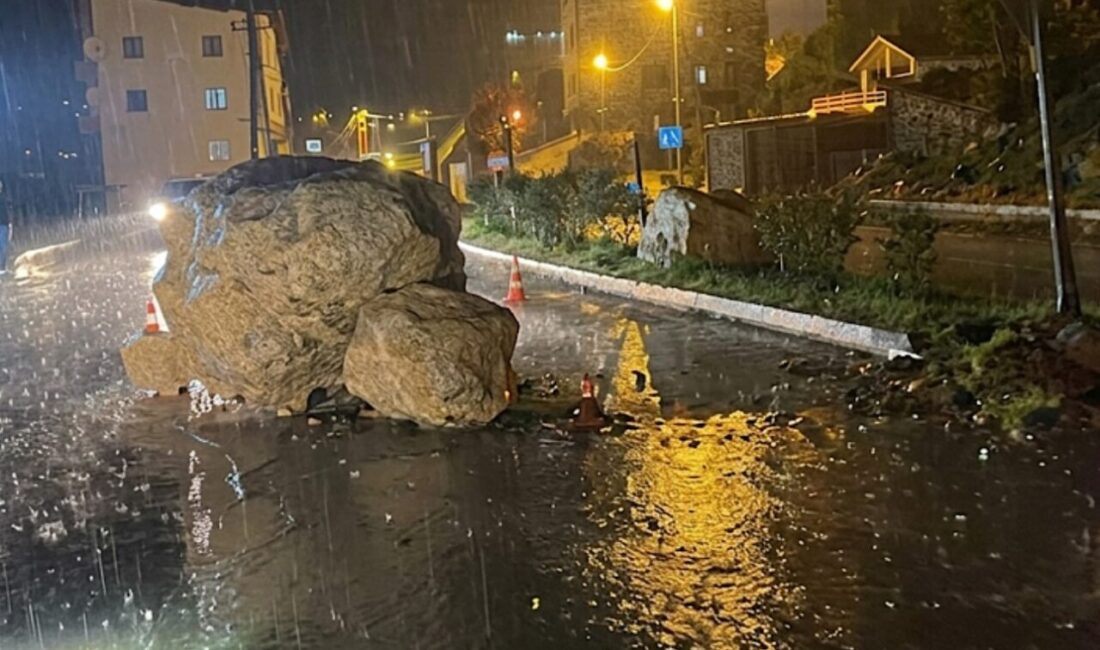 Hakkari’nin Şemdinli ilçesinde, şiddetli yağış sonucu yamaçtan kopan kaya parçaları