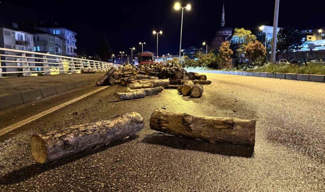Karabük ilinde seyir halindeki bir kamyonun damperi açılarak yola odunlar