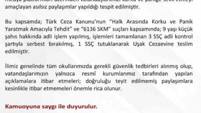 Uşak Valiliği tarafından yapılan açıklamaya göre, sosyal medya üzerinden okullara