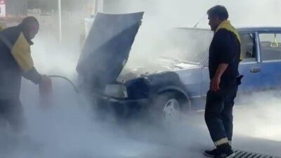 Çerkezköy ilçesinde bir akaryakıt istasyonunda lastiklerine hava basılan bir aracın