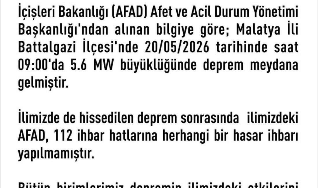 Elazığ Valiliği, Malatya Battalgazi’de meydana gelen 5.6 büyüklüğündeki depremin ardından