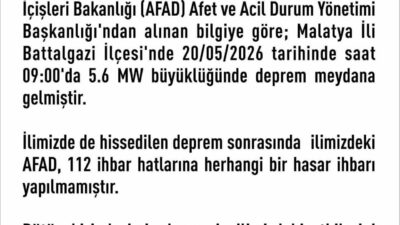 Elazığ Valiliği, Malatya Battalgazi’de meydana gelen 5.6 büyüklüğündeki depremin ardından