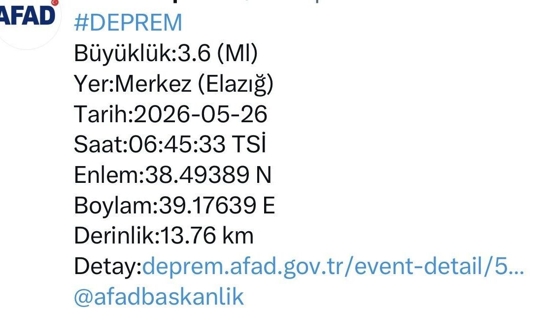 Elazığ ilinde 3.6 büyüklüğünde bir deprem yaşandı. Deprem Dairesi Başkanlığı’ndan