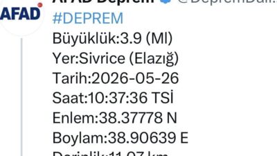 Elazığ ilinde 3.9 büyüklüğünde bir deprem meydana geldi. Afet ve