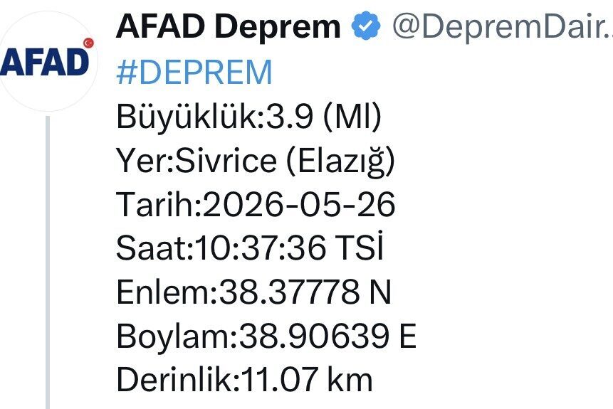 Elazığ ilinde 3.9 büyüklüğünde bir deprem meydana geldi. Afet ve