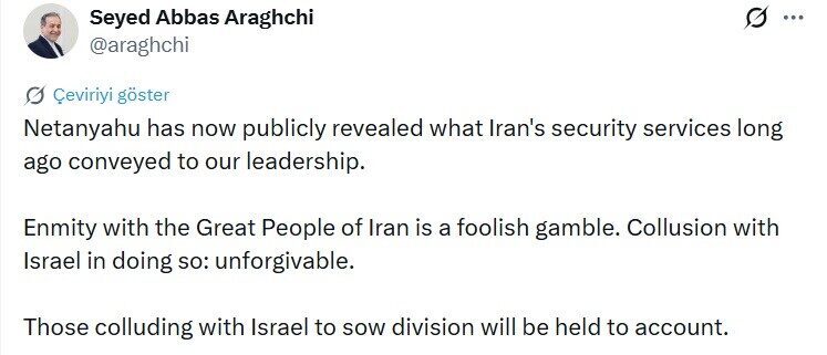 İran Dışişleri Bakanı Abbas Arakçi, İsrail Başbakanı Binyamin Netanyahu’nun ülkesine