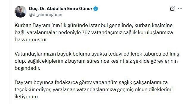 İstanbul’da, Kurban Bayramı’nın ilk gününde kurban kesimi sırasında yaralanan 767