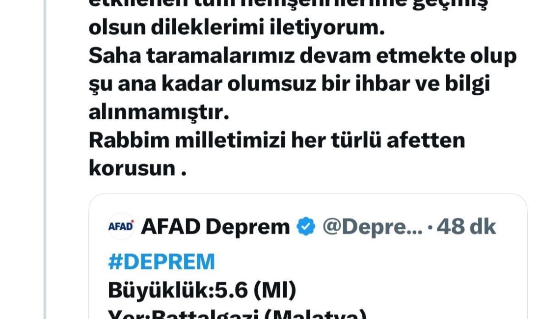 Malatya Valisi Seddar Yavuz, Battalgazi merkezli 5.6 büyüklüğündeki depremin ardından