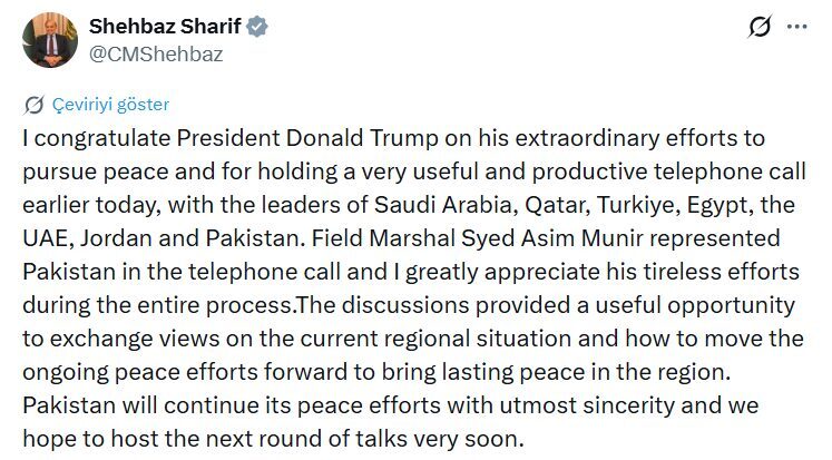 Pakistan Başbakanı Şahbaz Şerif, ABD Başkanı Donald Trump’ı barış çabaları