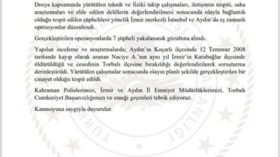 Aydın’ın Koçarlı ilçesinde 2008 yılında kaybolan Naciye A., İzmir’in Karabağlar