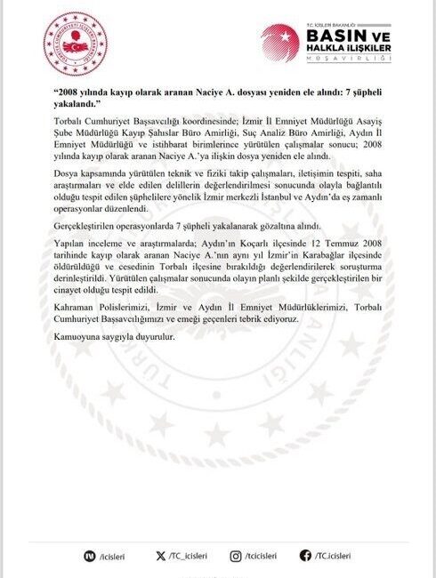 Aydın’ın Koçarlı ilçesinde 2008 yılında kaybolan Naciye A., İzmir’in Karabağlar