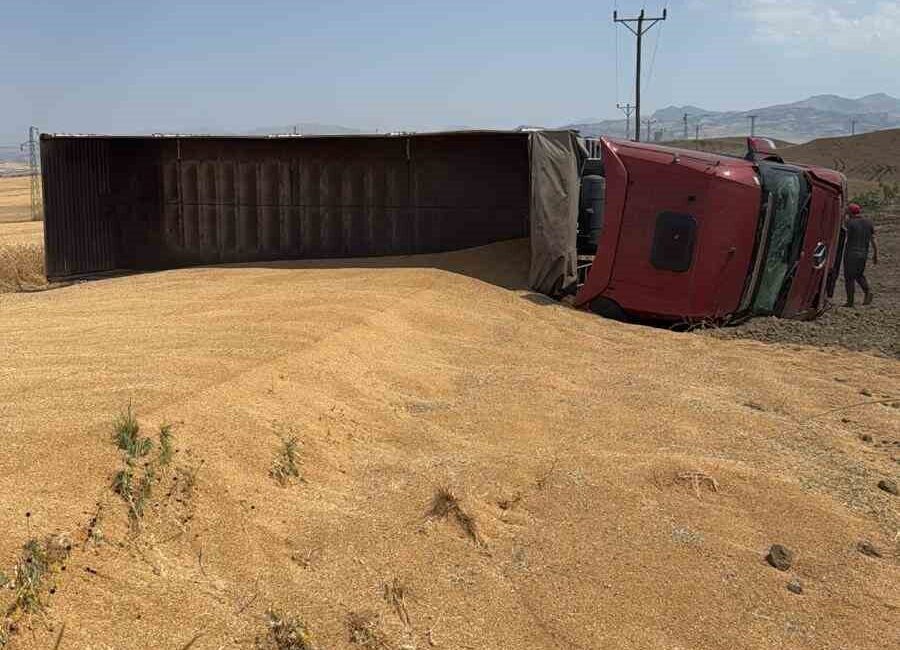 Kozluk ilçesinde meydana gelen trafik kazasında buğday yüklü bir kamyon