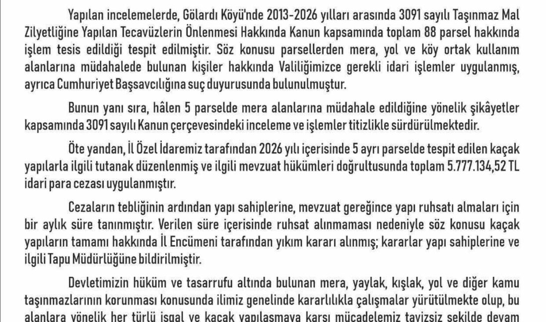 Elazığ Valiliği, Merkez Gölardı Köyü’ndeki mera alanlarının işgali ve kaçak