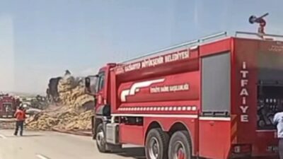 Gaziantep’te meydana gelen bir olayda, saman balyalarıyla yüklü olan bir