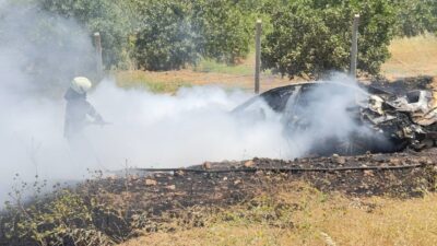 Şanlıurfa’da meydana gelen bir trafik kazasında, şarampole devrilen ve alev