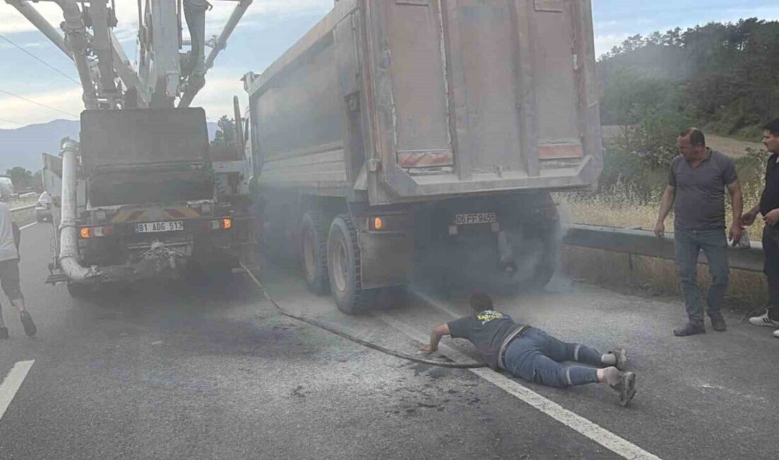 Düzce’de, bir kamyonun lastiğinde çıkan yangın, Kuzey Çevre Yolu’nda seyir